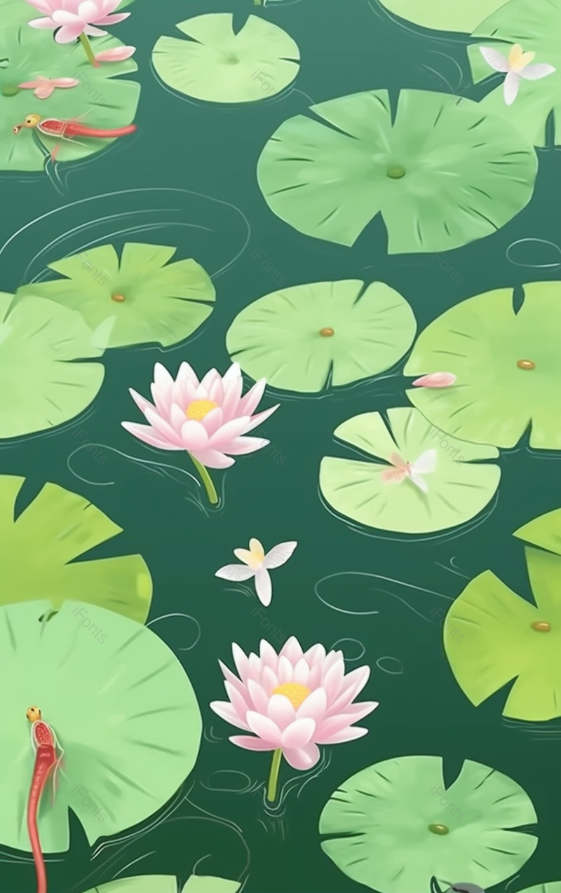 绿色小清新风格池塘里荷叶和盛开的荷花,插画/手绘图,插画/手绘图库,插画/手绘图下载,插画/手绘